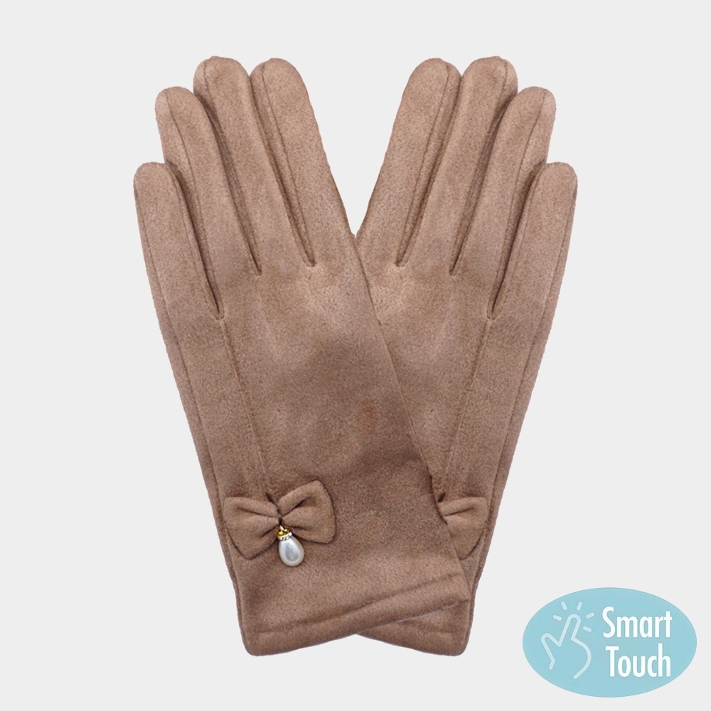 Brown Suede Dangle Pearl Bow Smart Touch Gloves Winter Statement Accessories Tan